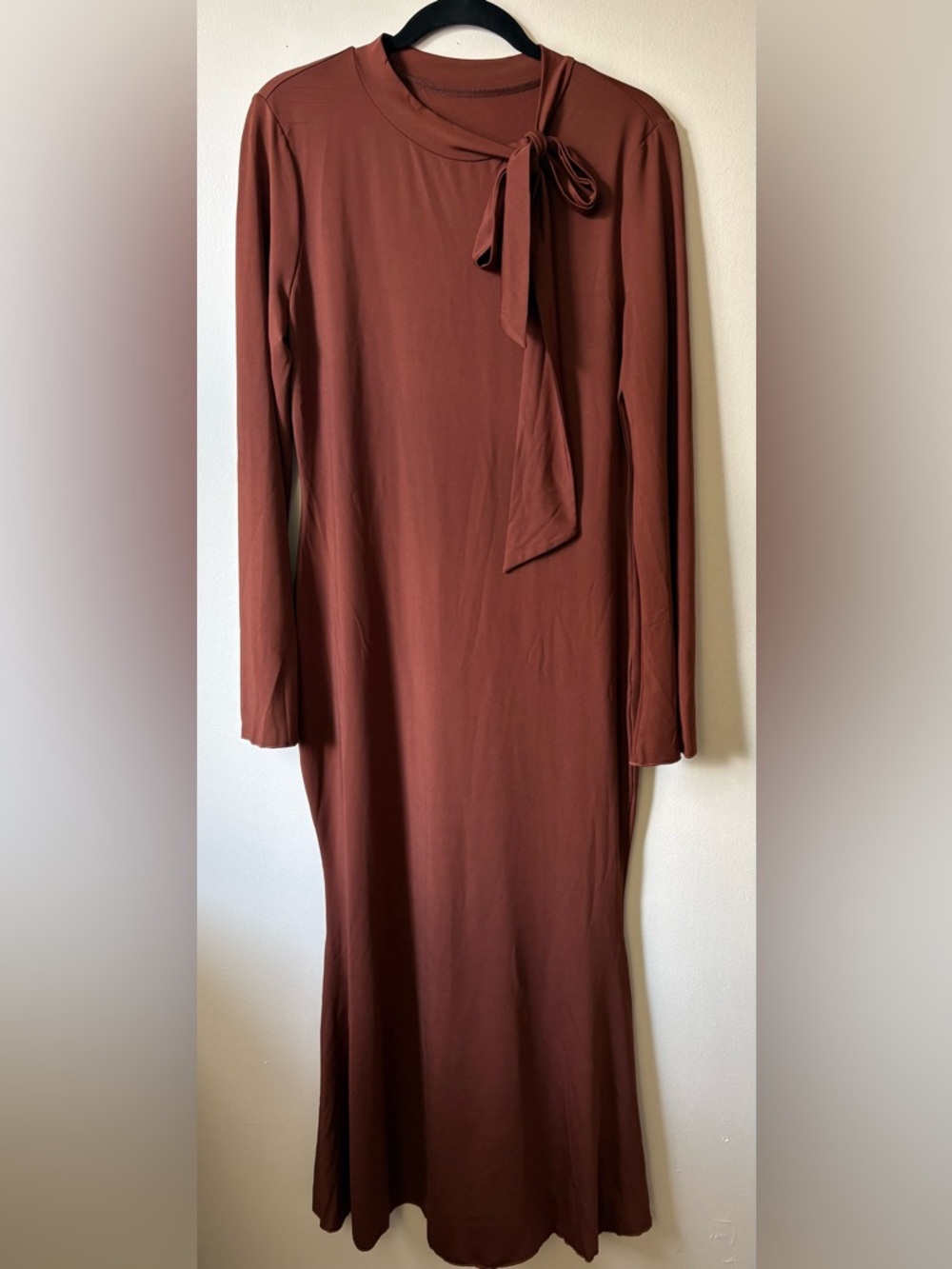 Long Sleeve Tie-Neck Maxi Dress - Brown Size XL
